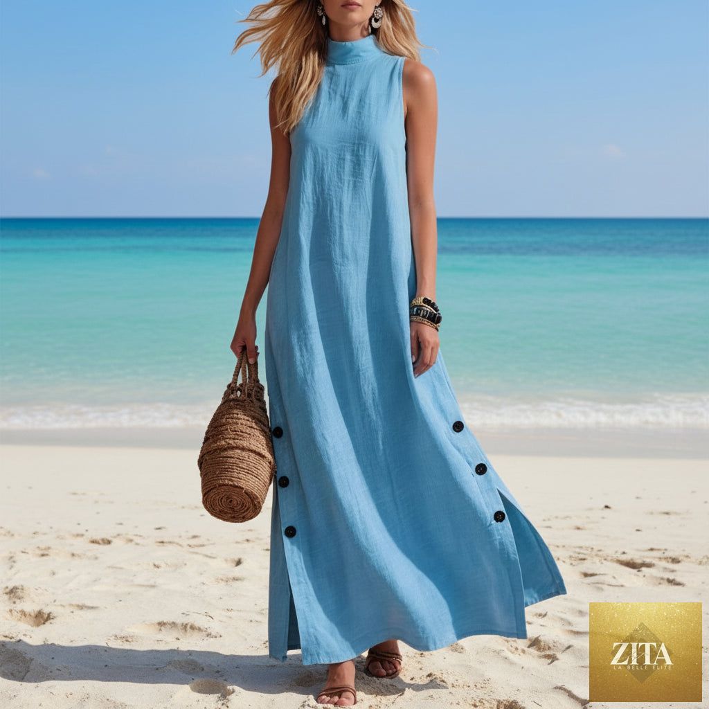 Cotton linen sleeveless midi dress by FitiqueFit with side slits and loose fit, shown on a model in a light, breathable fabric.
