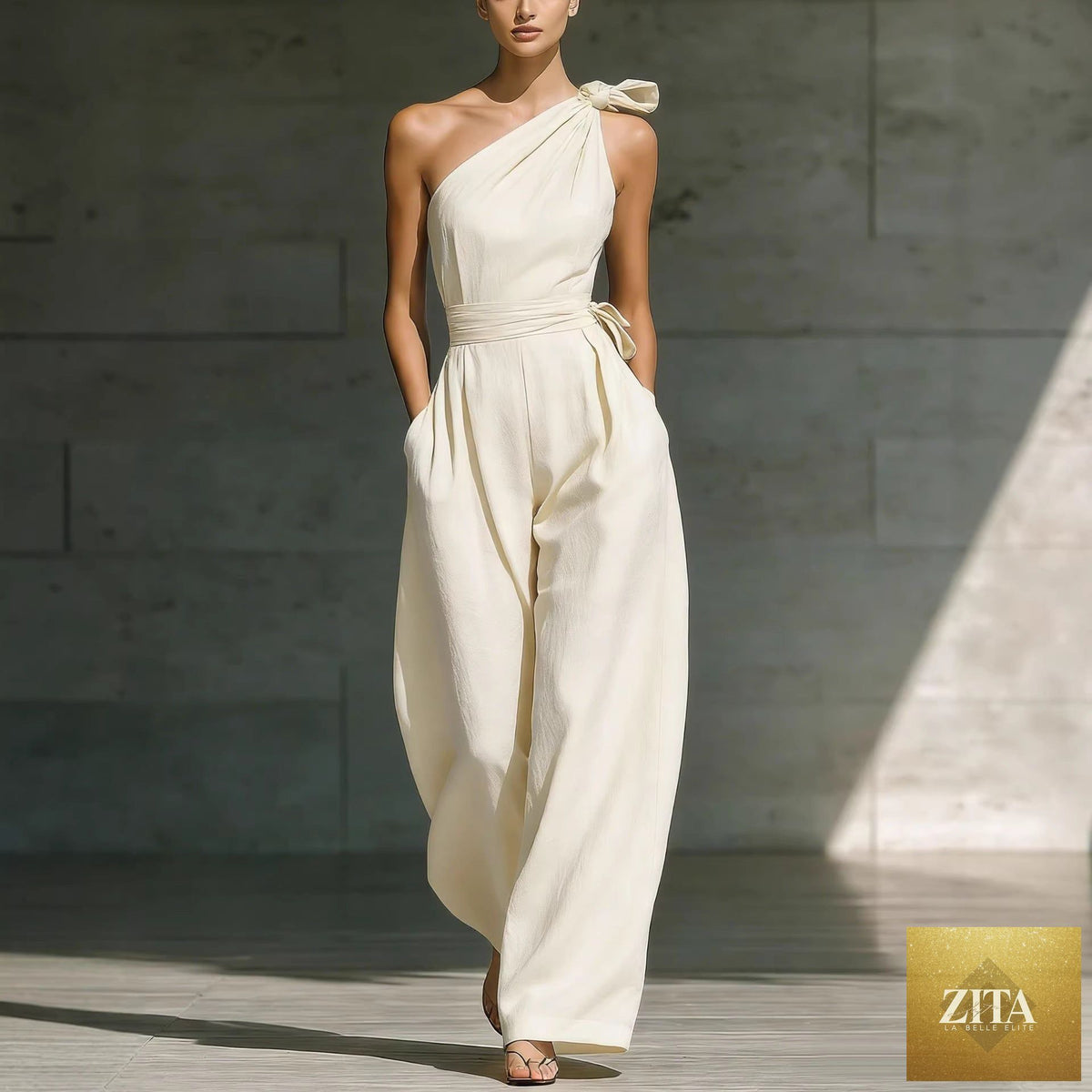 Women's loose sleeveless off-shoulder wide-leg jumpsuit by Zita La Belle Elite, casualwear with belt detail and relaxed fit.