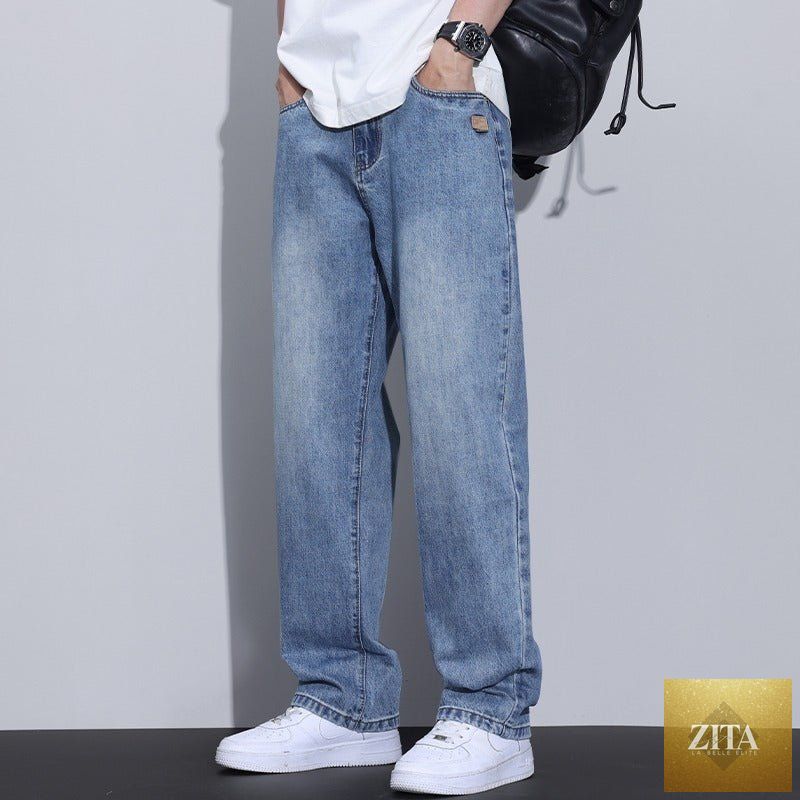 Mandotos men's fleece-lined American-style retro straight leg high street pants, casual and warm men's fashion pants.