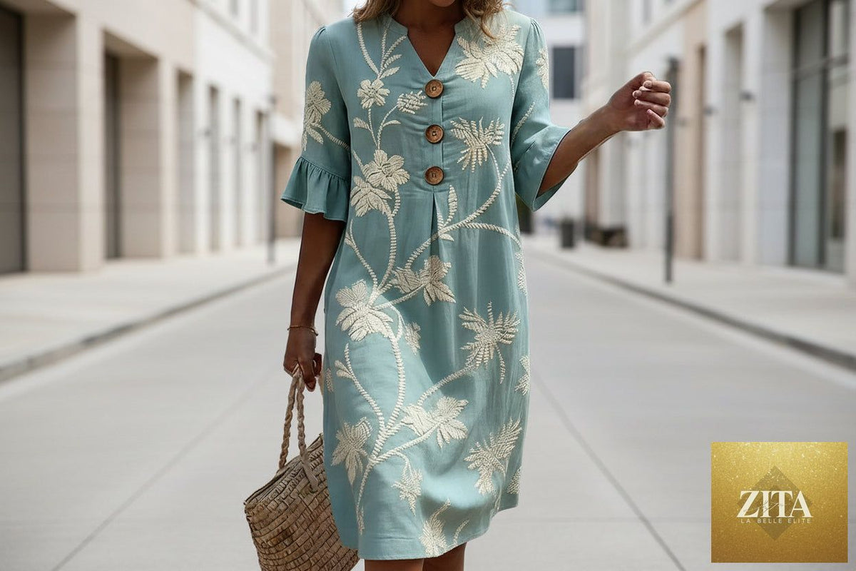 Women's resort V-neck dress by Zita La Belle Elite with coconut print, loose fit, three-quarter sleeves, perfect for casualwear.