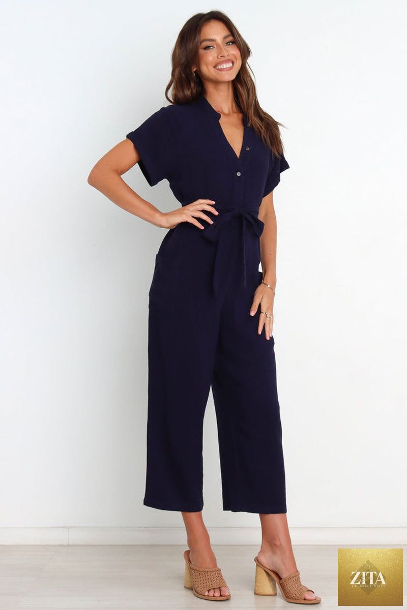 Women's V-neck cropped wide-leg knit jumpsuit by Zita La Belle Elite, featuring a casual style with a fitted bodice and flowing pants.