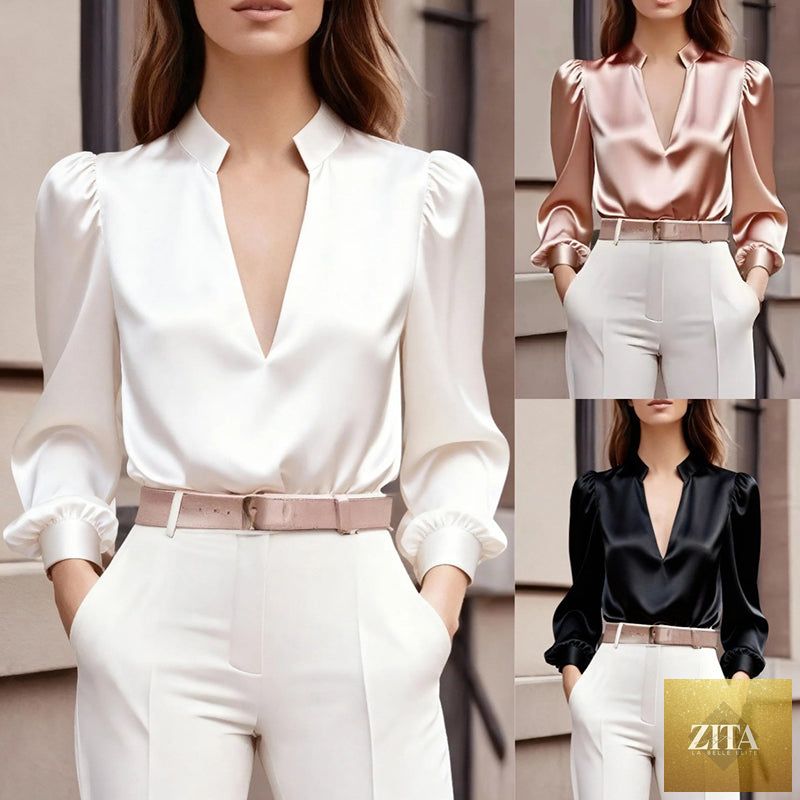 Women’s satin V-neck long sleeve blouse by FitiqueFit, slim fit solid color top made from smooth, shiny satin fabric.