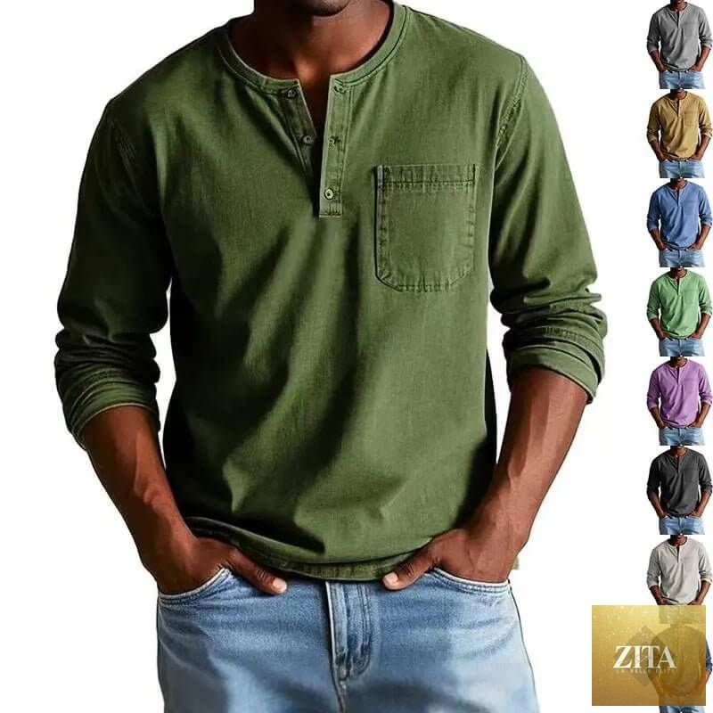 Men's SnagBag V-neck long-sleeved pullover top with button details, featuring a fitted design and casual style.