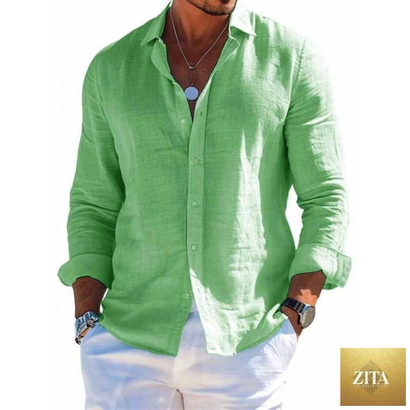 Mandotos men's long sleeve casual shirt with loose fit, solid color, lapel collar, button front, plus size blouse style.