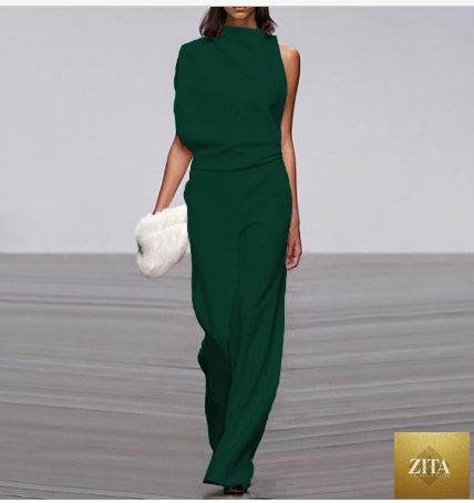 Solid color LadyShow.Store one-shoulder jumpsuit with pile collar, featuring a stylish asymmetric design and sleek fit.