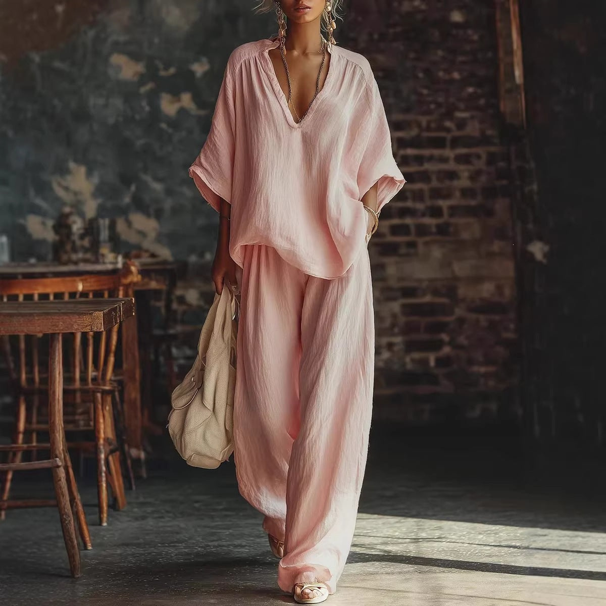 FitiqueFit casualwear V-neck loose short-sleeve top and pants set in various colors, relaxed fit for comfortable everyday wear.