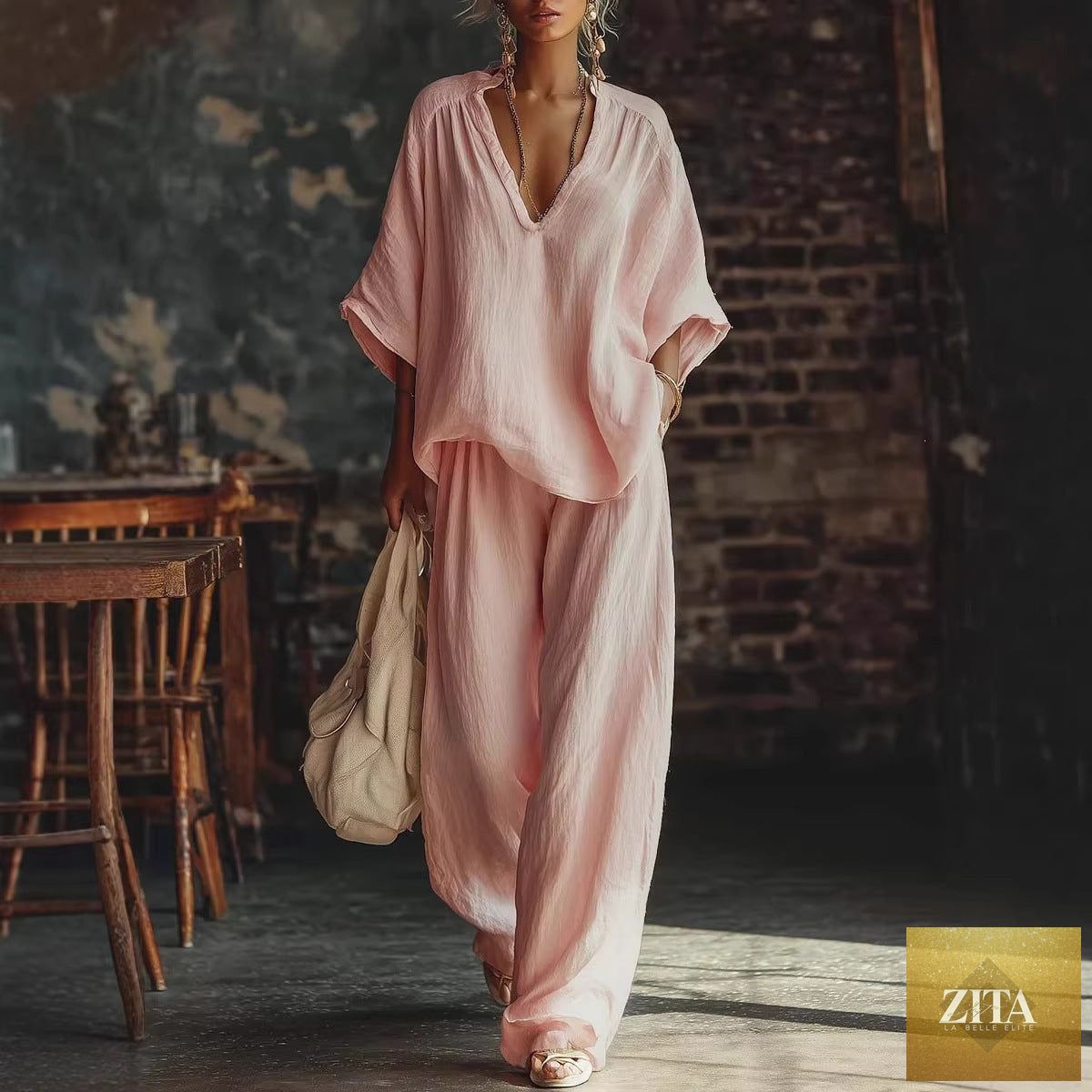 Zita La Belle Elite casualwear set with V-neck loose short-sleeve top and matching pants in four colors, available in S to 4XL.