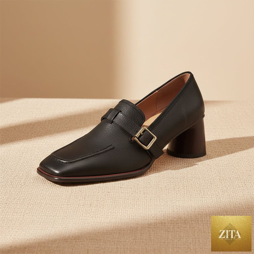 Women's retro British style chunky heel leather shoes with round toe, ideal for commuting, by FitiqueFit.