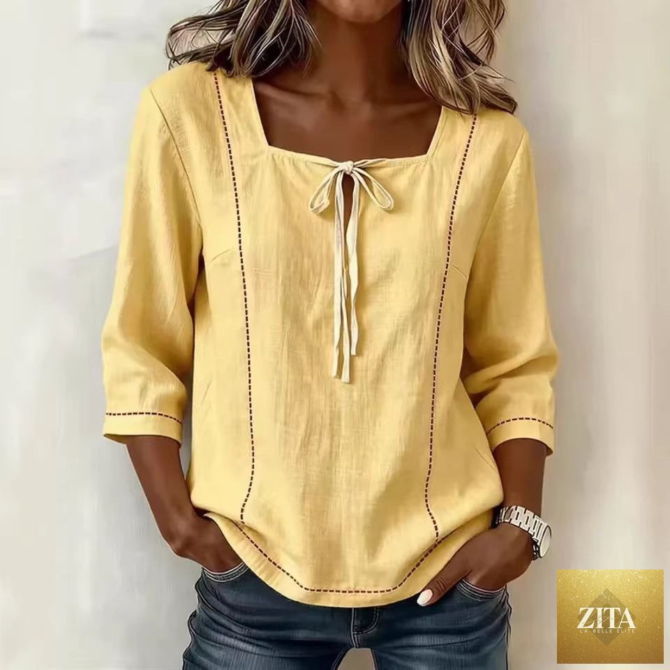 Printed lace-up square-neck casual shirt with three-quarter sleeves in ramie fabric by Zita La Belle Elite.