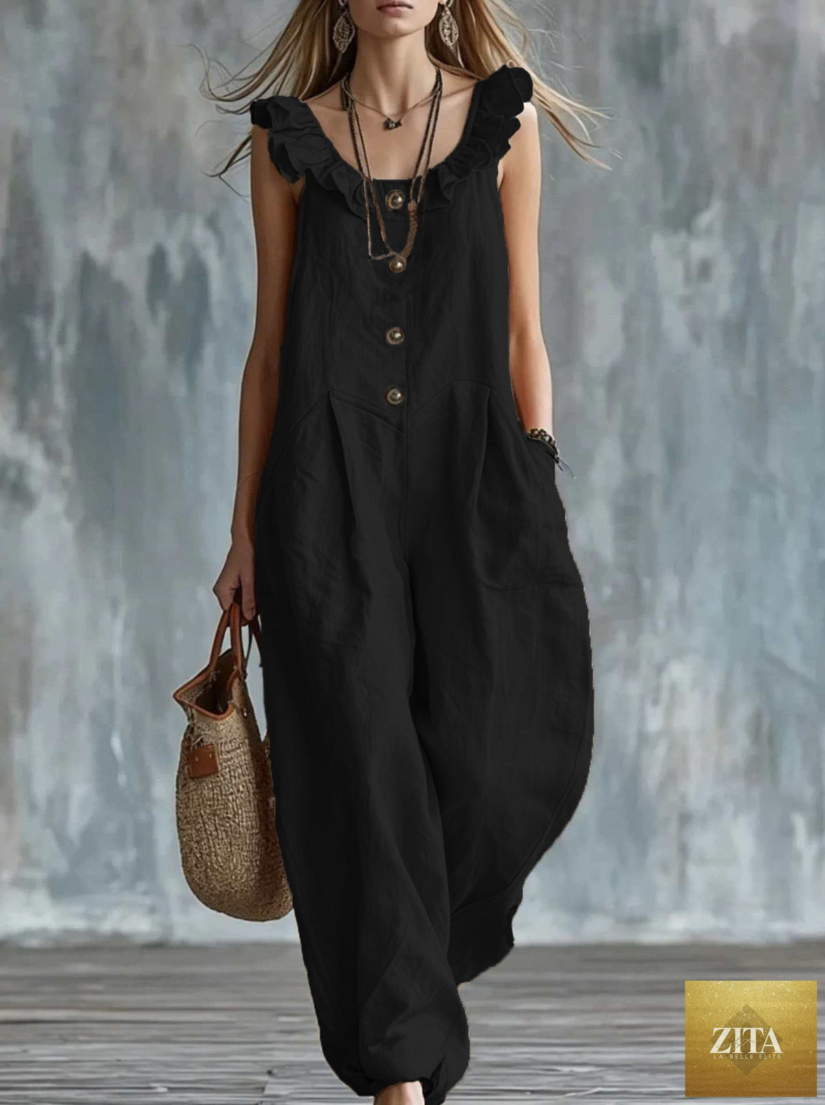 Women's sleeveless button-down tank jumpsuit in casualwear style by FitiqueFit, shown in a relaxed fit with shoulder straps.