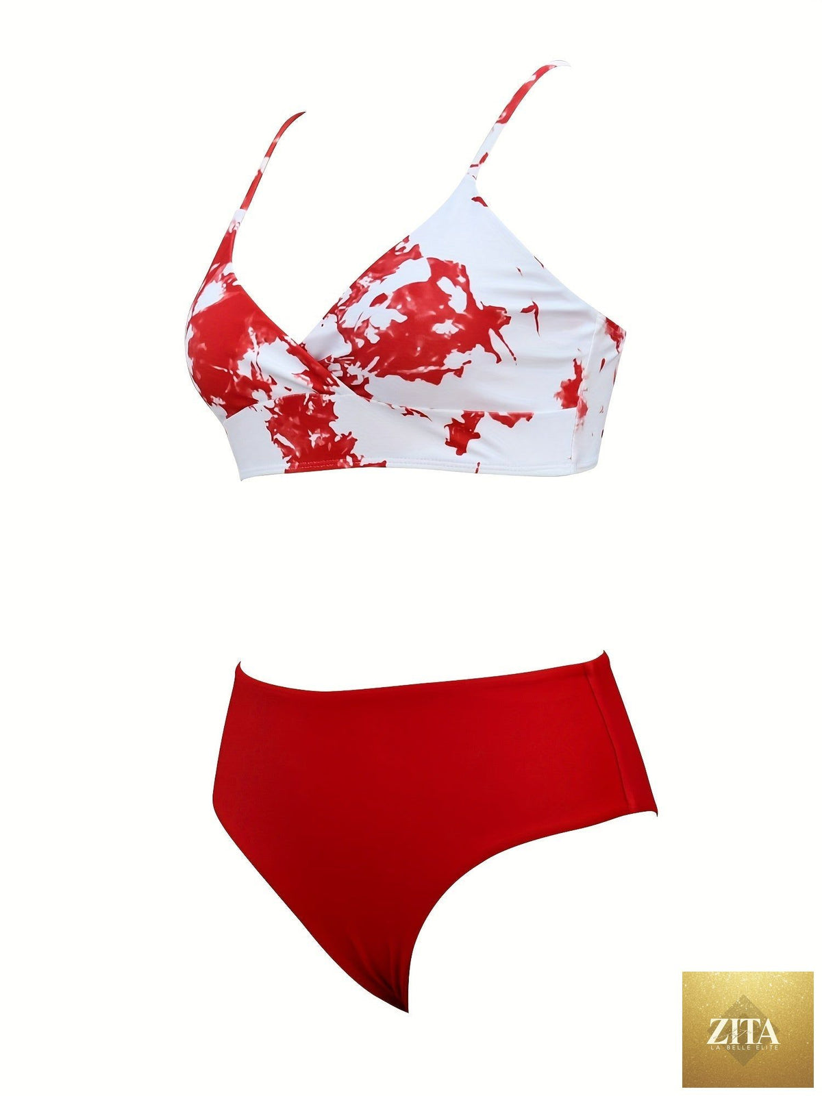 Stevvex Coastal Flair V-Neck Bikini Set with vibrant print, spaghetti straps, high-cut shorts, and ultra-stretch fabric for summer beach days.