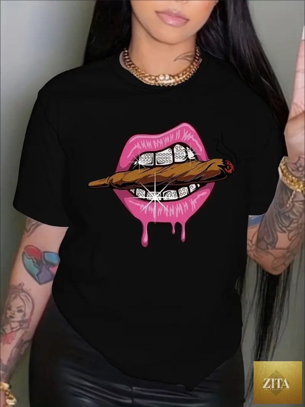 Women’s Lips Print Crew-Neck Tee by FitiqueFit, featuring a vibrant lips graphic on a casual streetwear cotton t-shirt.