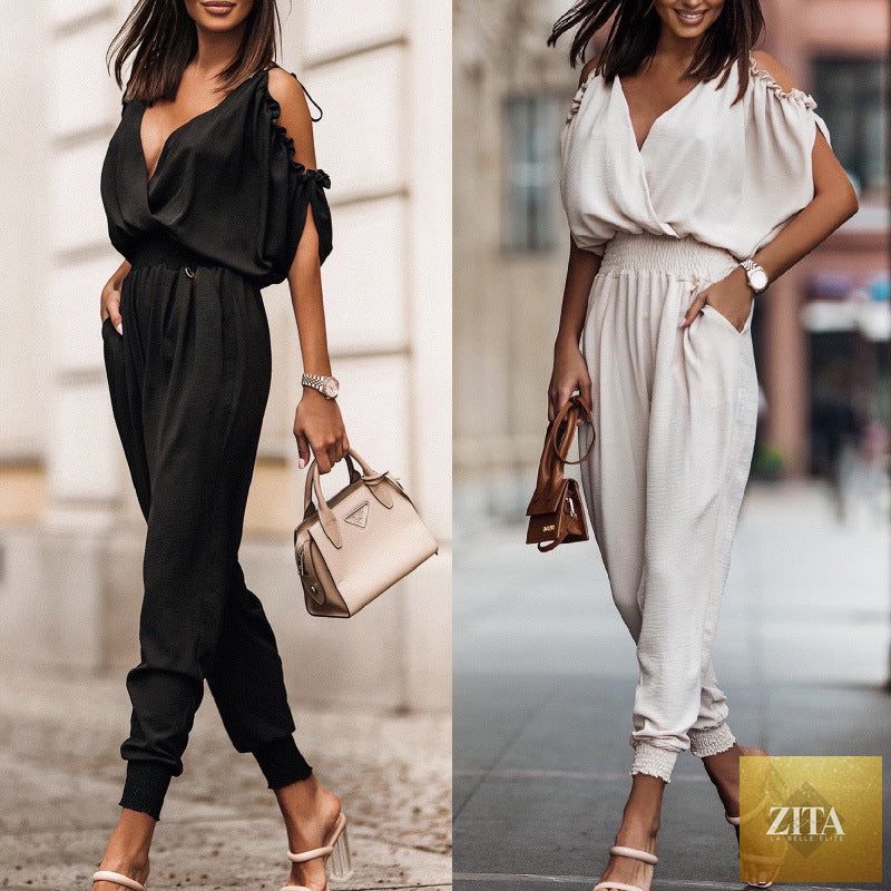 Women's hollow-out knitted top and linen pants two-piece set by Zita La Belle Elite, casualwear outfit displayed on a model.