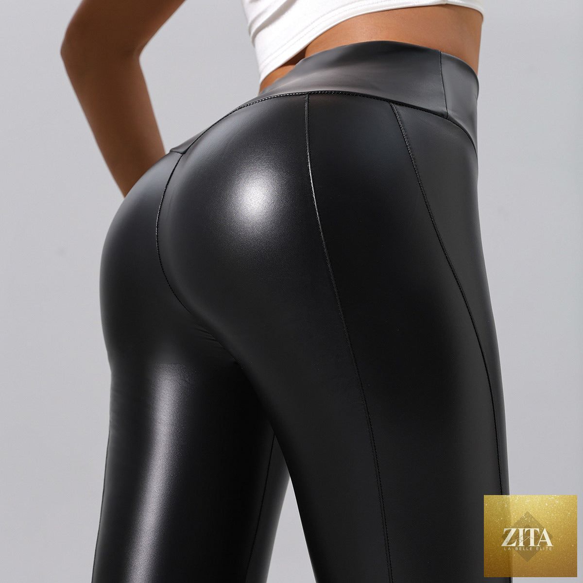 Women’s patchwork leather pants by Zita La Belle Elite, casualwear for running, fitness, and yoga, showing the stylish leather patchwork design.