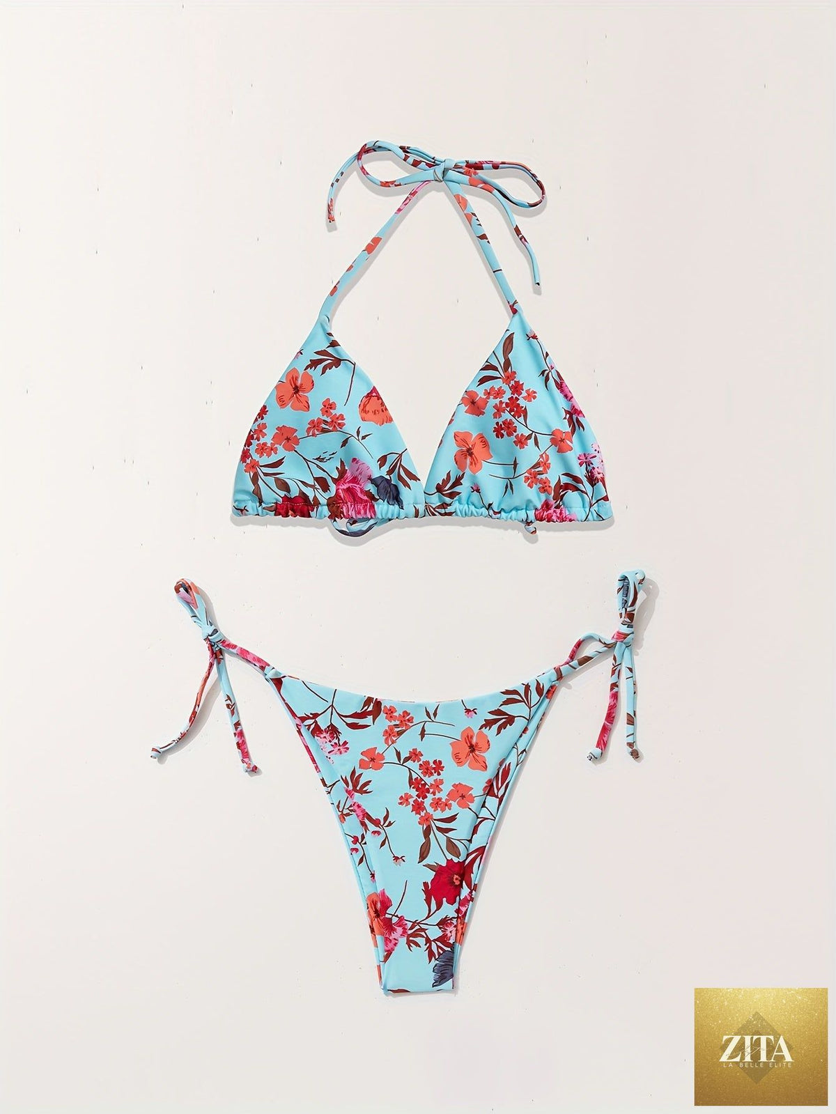 European style floral print bikini set for women featuring a V-neck, cross straps, matching long sleeve cover-up, ideal for summer beachwear.