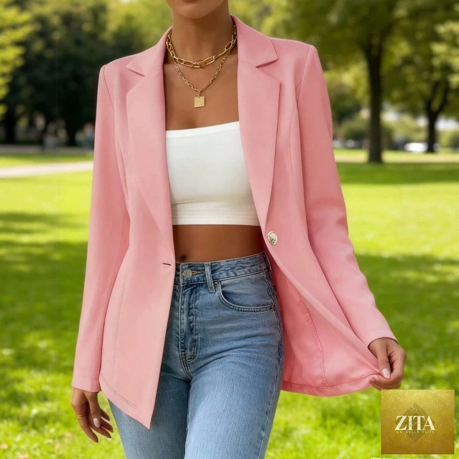 Women's slim fit blazer with lapel collar and long sleeves, featuring a waist-cinched design from FitiqueFit.