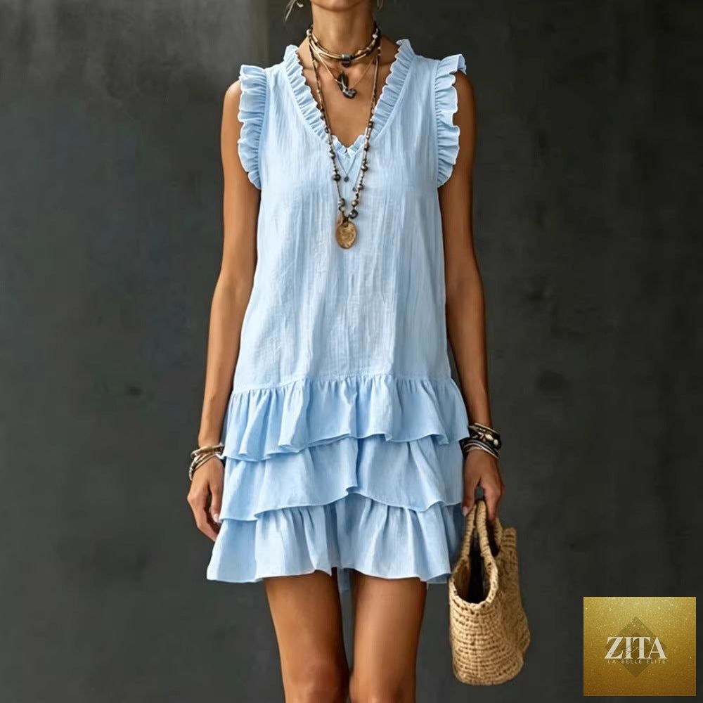 Zita La Belle Elite V-neck ruffle-trim tiered sleeveless midi dress in four colors, casualwear, size S to XXL.