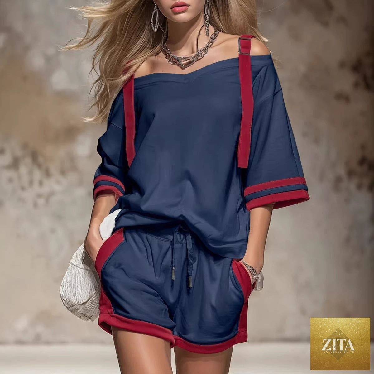 Women’s summer contrast color-block patchwork shorts set by Zita La Belle Elite, featuring a casual 2-piece outfit with vibrant fabric blocks.