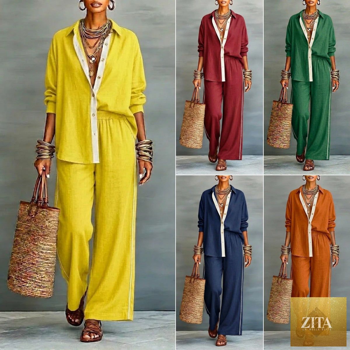 Zita La Belle Elite contrast-color long-sleeve shirt and pants casualwear set, featuring a two-piece design with bold color blocks.
