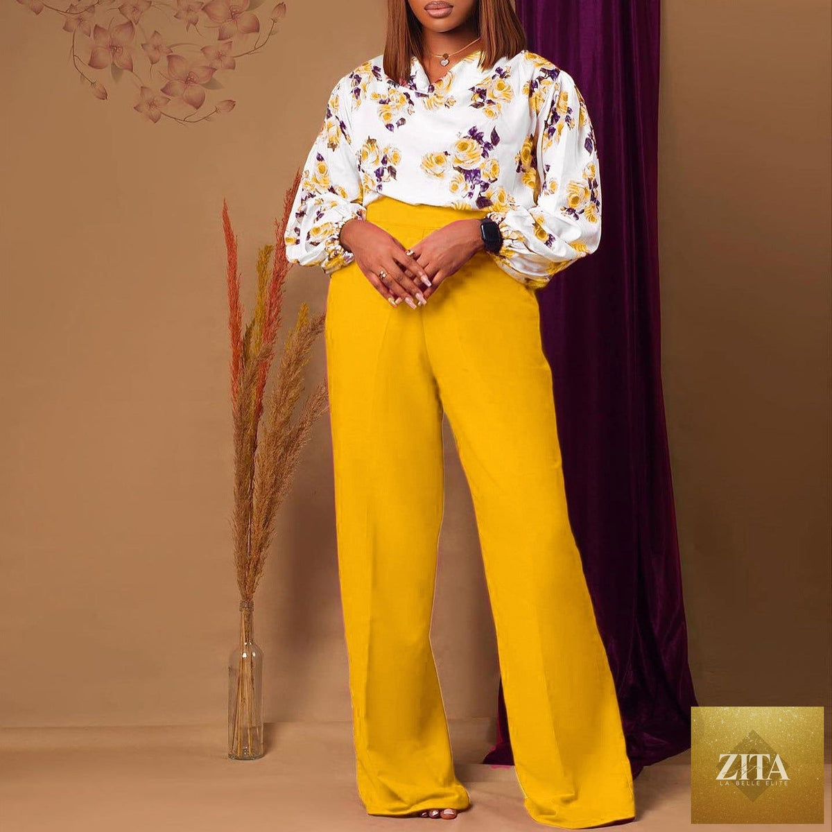 Printed floral lace-up top and wide-leg pants set by Zita La Belle Elite in four colors, casualwear for sizes S to 3XL.