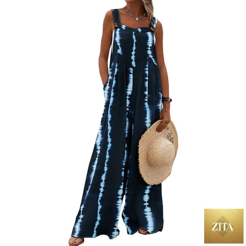 Women's printed sleeveless casual wide-leg pants with a loose fit, displayed in a natural fabric and relaxed style.