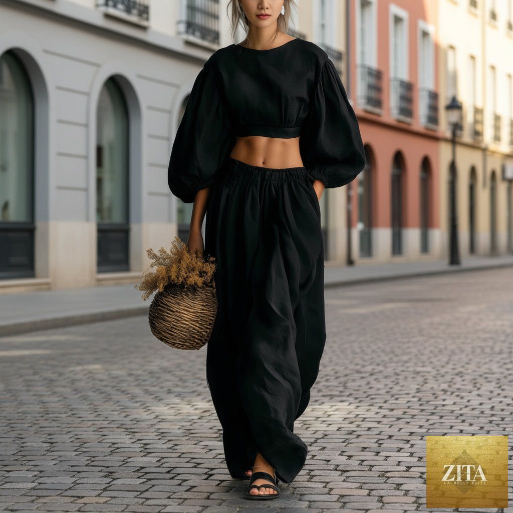 Women's puff-sleeve crew-neck two-piece casualwear set with pockets by Zita La Belle Elite, shown in a comfortable, stylish fit.