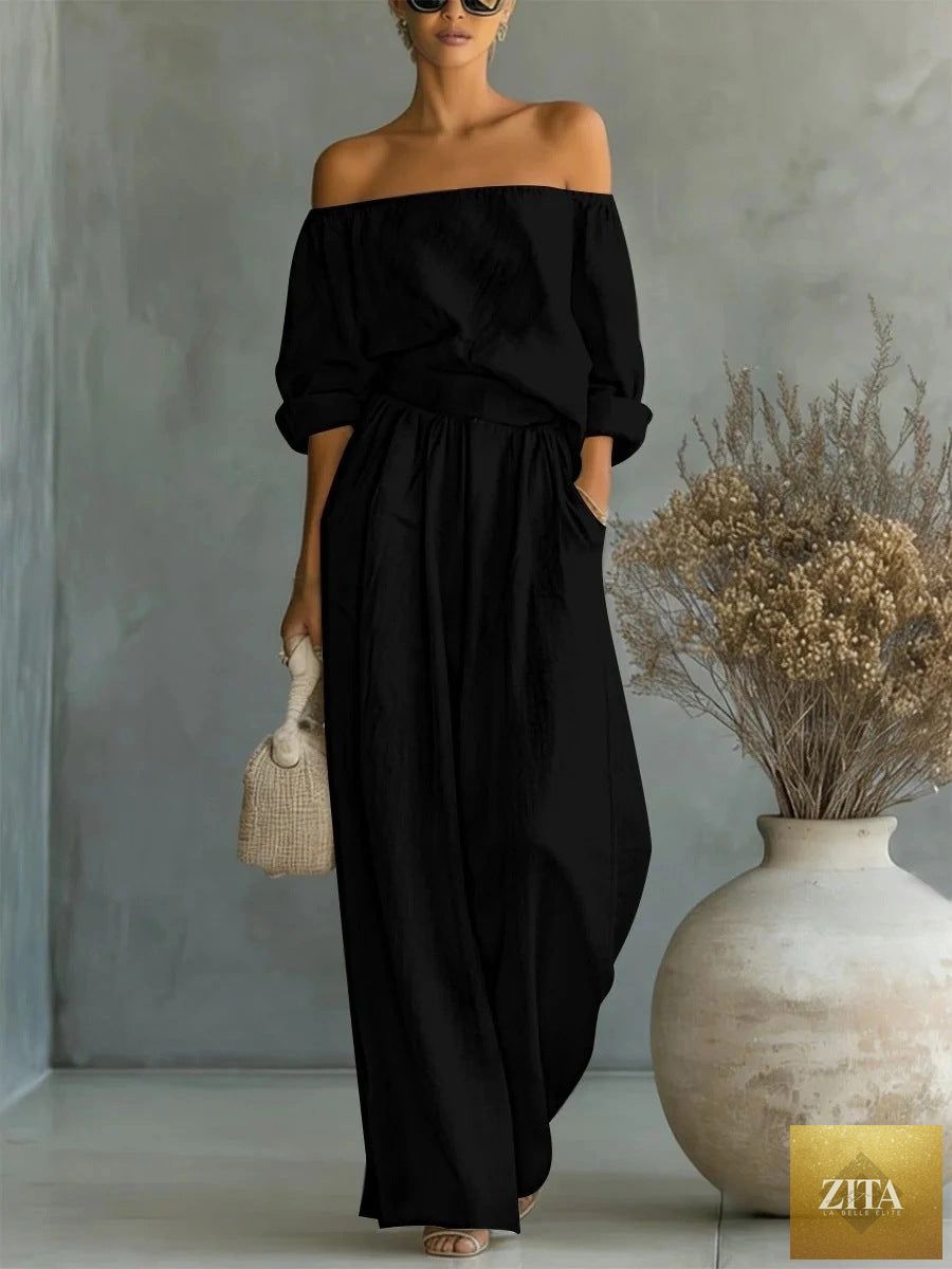 Zita La Belle Elite women's off-shoulder long-sleeve top and wide-leg pants casualwear two-piece set, in a stylish and comfortable design.