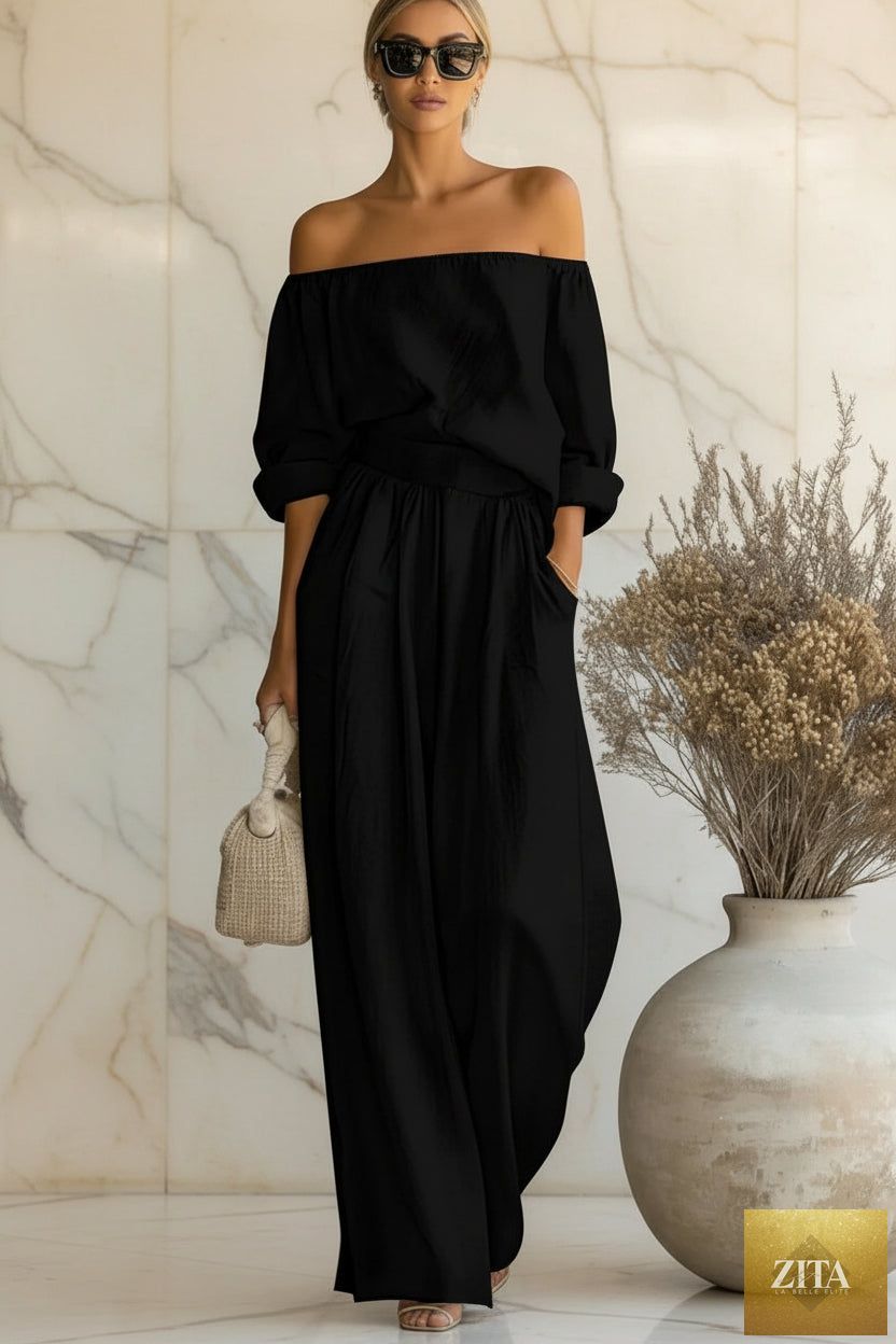 Women's Off-Shoulder Puff Sleeve Blouson Top & High-Rise Wide-Leg Pants Cotton-Linen Set