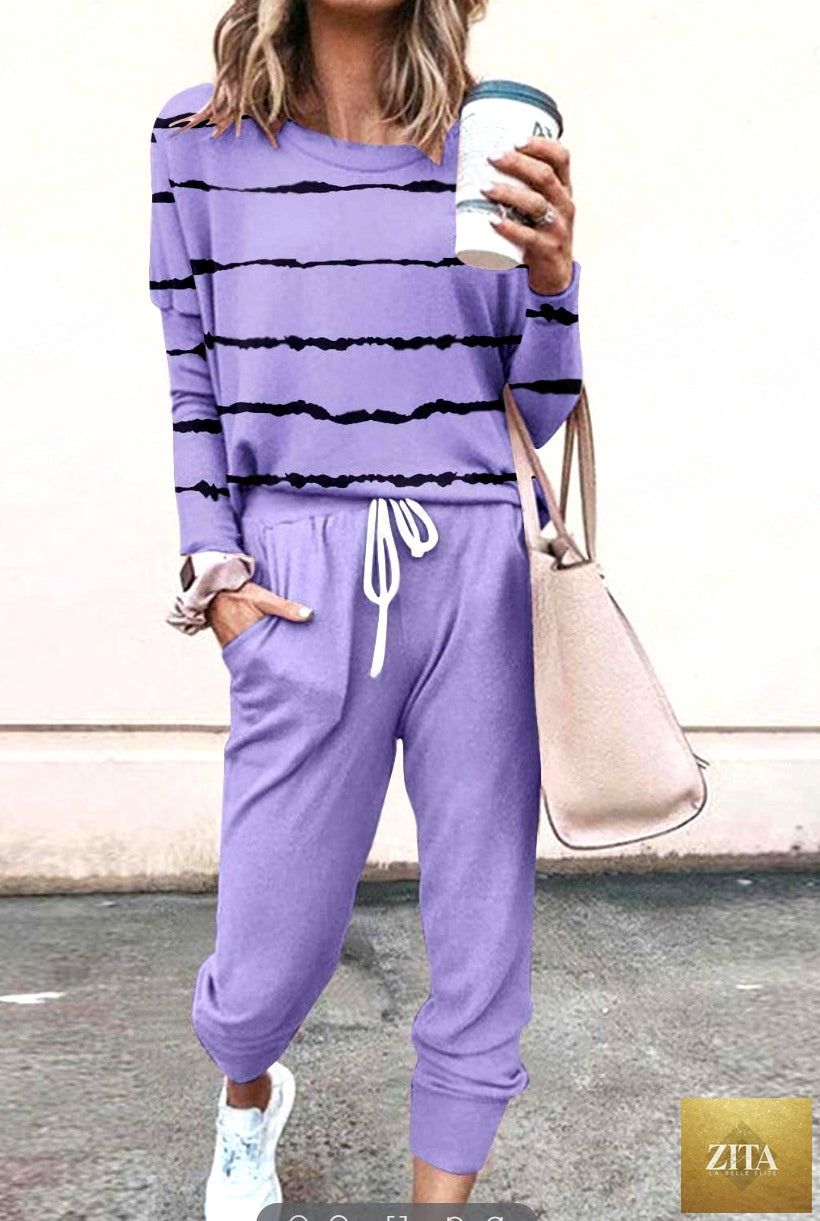 Women's long sleeve T-shirt and pencil pants set by Zita La Belle Elite, featuring a loose fit with striped and solid fabric.
