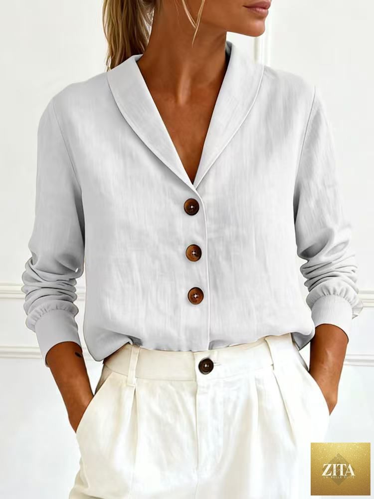 Women's cotton-linen Peter Pan collar button-up shirt by Zita La Belle Elite, shown in four colors, available in sizes S to 3XL.