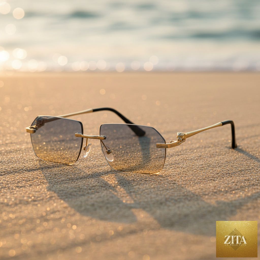 Gold frame cheetah rimless sunglasses with hip-hop style from FitiqueFit, showcasing sleek eye-wear design and animal print accents.