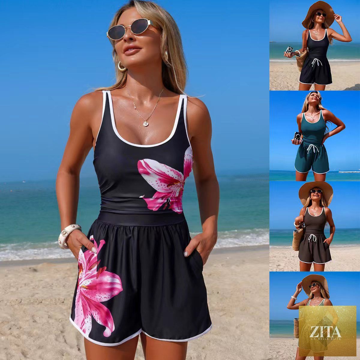 Women's minimalist FitiqueFit solid color sleeveless sports one-piece swimsuit, front view, showcasing sleek design and smooth fabric.