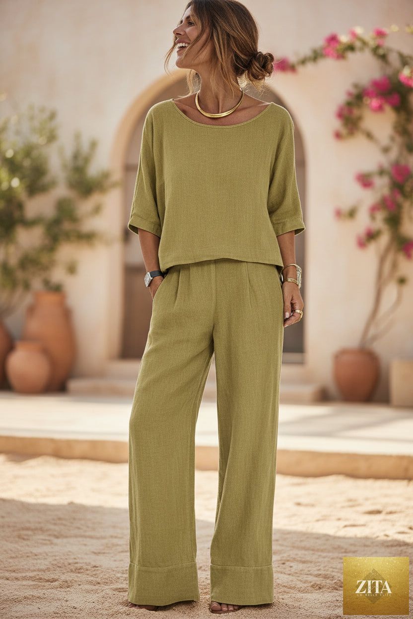 Women's cotton linen resort set by Zita La Belle Elite, featuring a short sleeve top and wide-leg pants, in a relaxed, stylish fit.