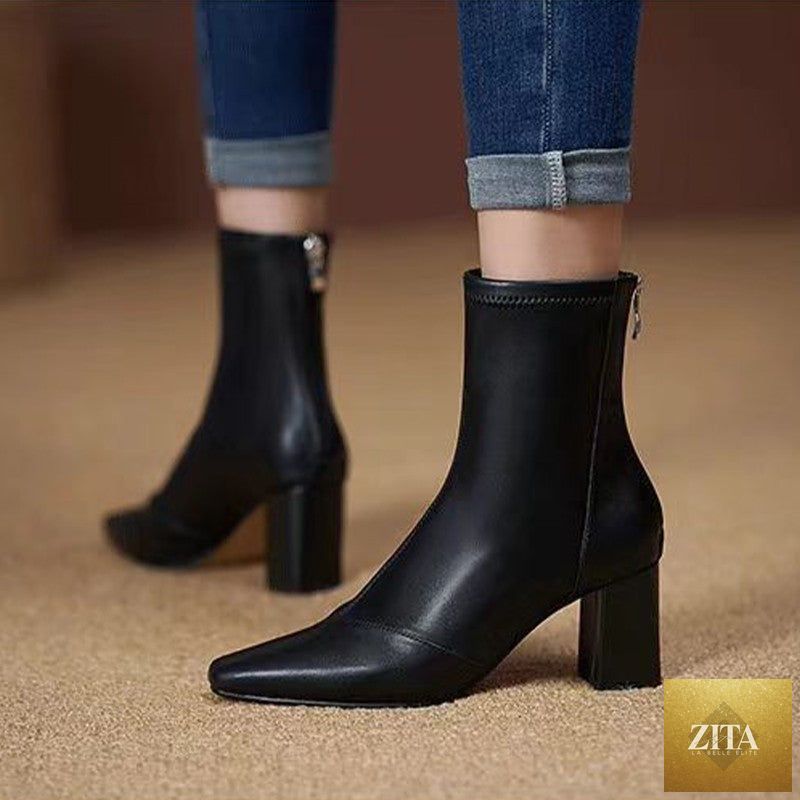 Zita La Belle Elite soft leather zip-back velvet-lined skinny boots with sleek heels, showcasing their stylish design and slim silhouette.