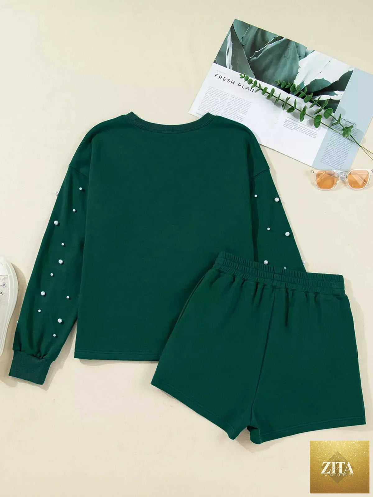 Pearl-embellished drop shoulder pullover and elastic waist mini skirt set from Wild and Free Boutique, stylish dresses for casual wear