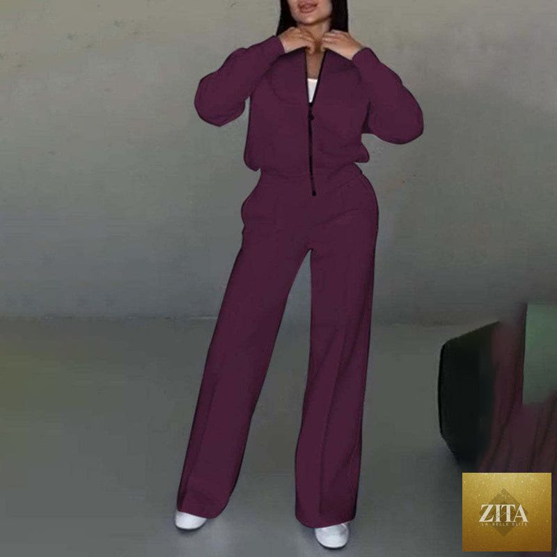 Women’s Zita La Belle Elite casual 2-piece zip-up sweatsuit set with jacket and wide-leg sweatpants, shown in a relaxed fit.