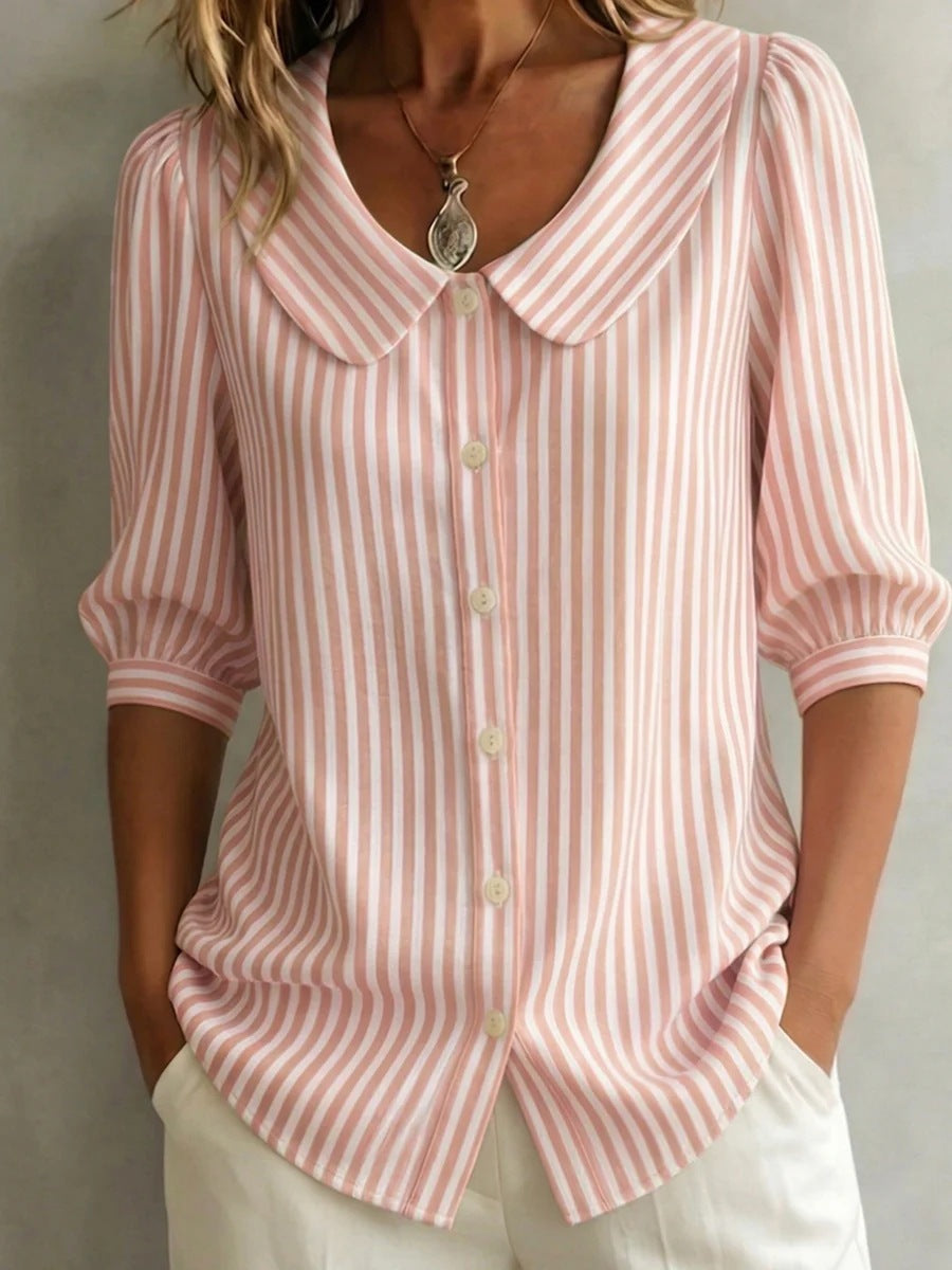 Striped FitiqueFit V-neck top with three-quarter sleeves, casual wear shirt, featuring a stylish and comfortable design.