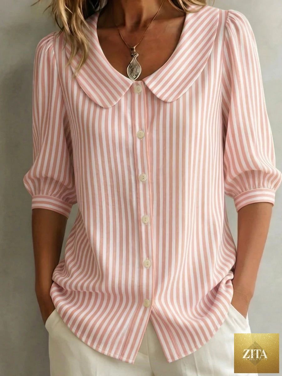 Zita La Belle Elite striped V-neck casual top with three-quarter sleeves, featuring a stylish and comfortable design.