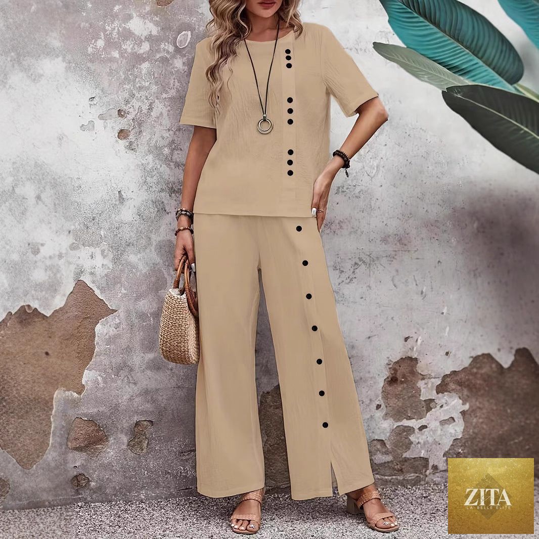 Zita La Belle Elite women's linen casualwear set with button-up top and loose fit two-piece style, in soft linen fabric.