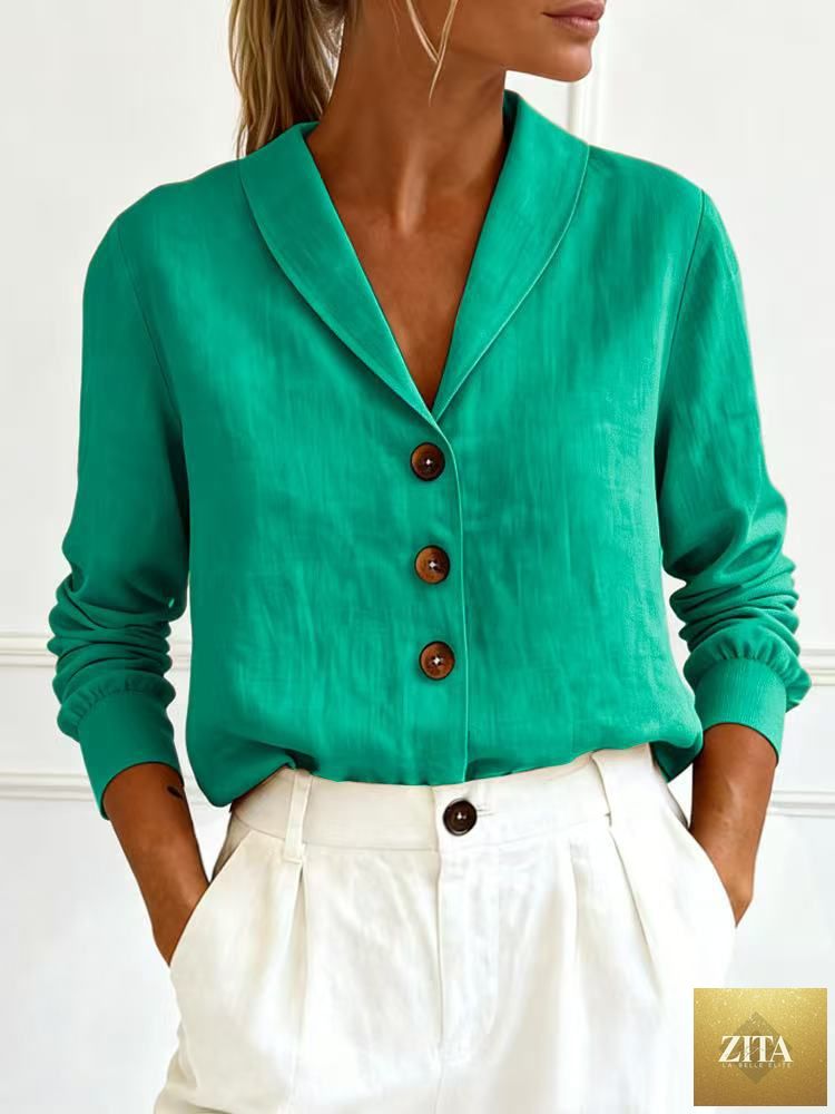 Women's cotton-linen Peter Pan collar button-up shirt by Zita La Belle Elite in various colors, featuring long sleeves and front buttons.