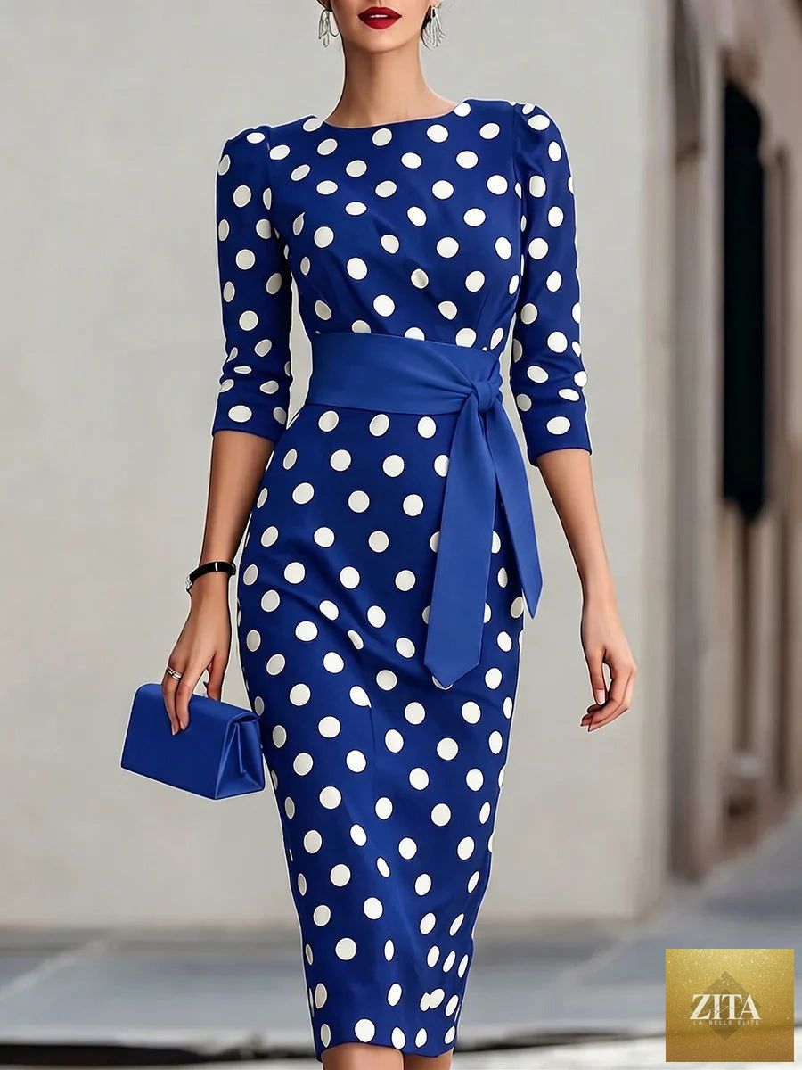 Zita La Belle Elite women's retro polka-dot bodycon midi dress with belt and cross-tie, casualwear style, shown on a model.