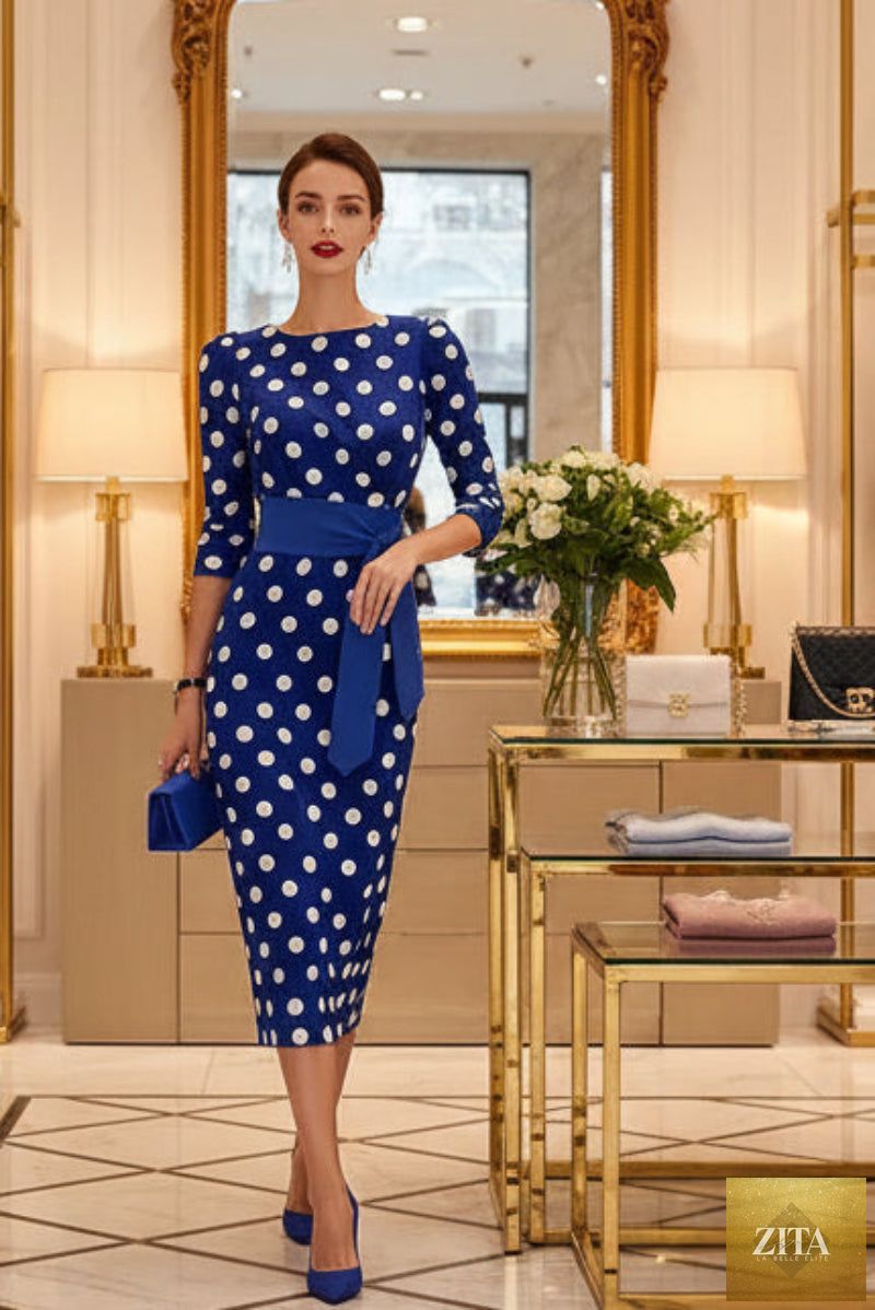 Women's retro polka-dot bodycon midi dress by FitiqueFit featuring a belted cross-tie waist, perfect for casualwear.