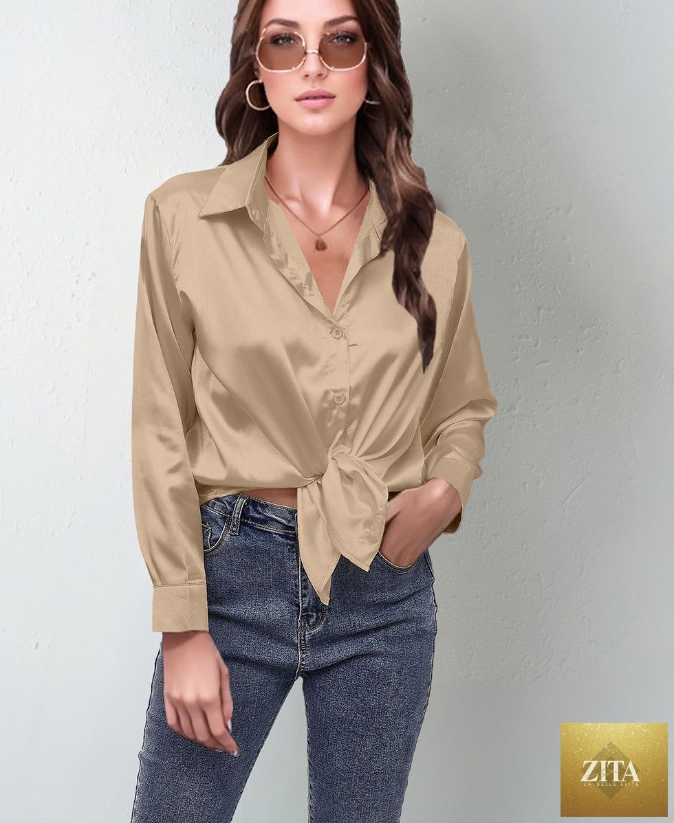 Women’s satin lapel button-down blouse by FitiqueFit, casualwear style, shown in a light satin fabric with a relaxed fit.