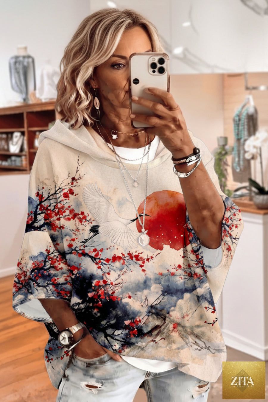 Women's Graphic Print Drawstring Hoodie – Three-Quarter Sleeves