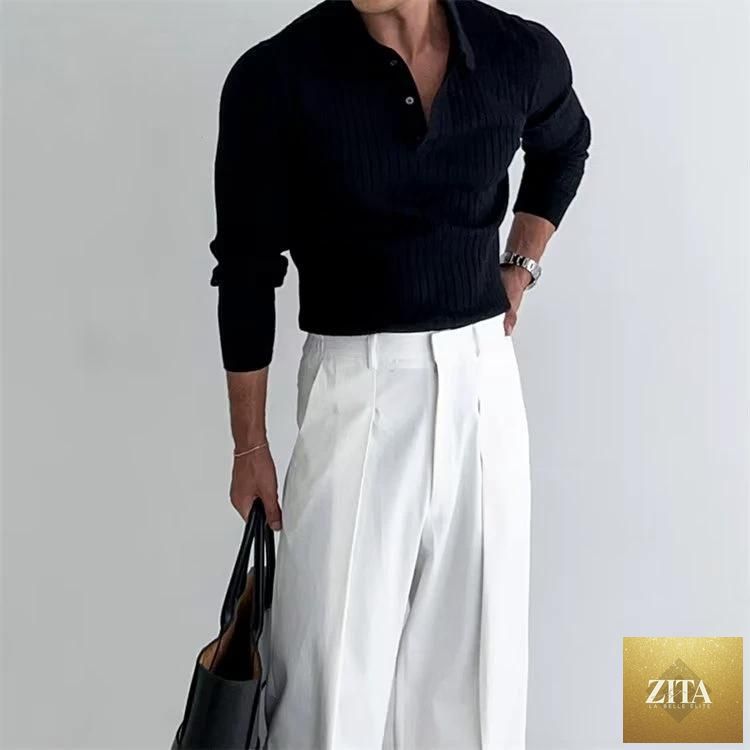 Men's MANDOTOS polo shirt with long sleeves, lapel collar, button detail, slim fit style, casual men's fashion.