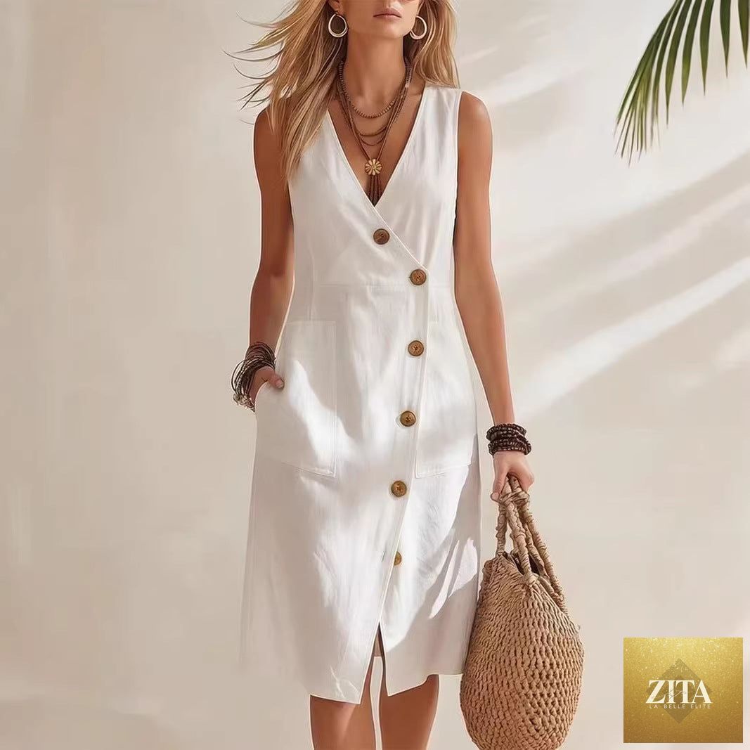 Women's FitiqueFit sleeveless V-neck midi dress with asymmetrical buttons, casual resort wear, flowing fabric, and relaxed fit.