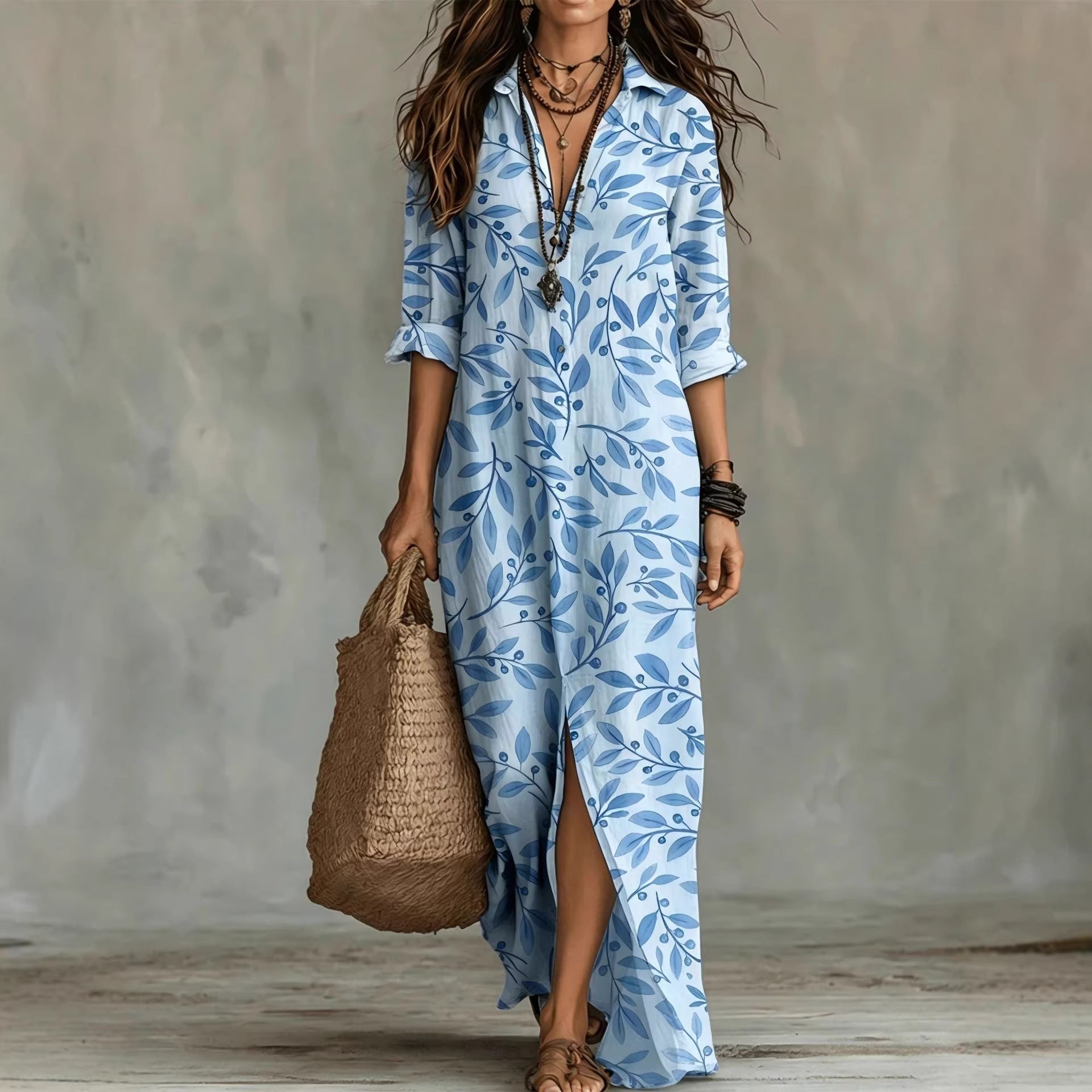 Digital print lapel midi shirt dress by FitiqueFit in casualwear style, shown in multiple colors, size S to 3XL.