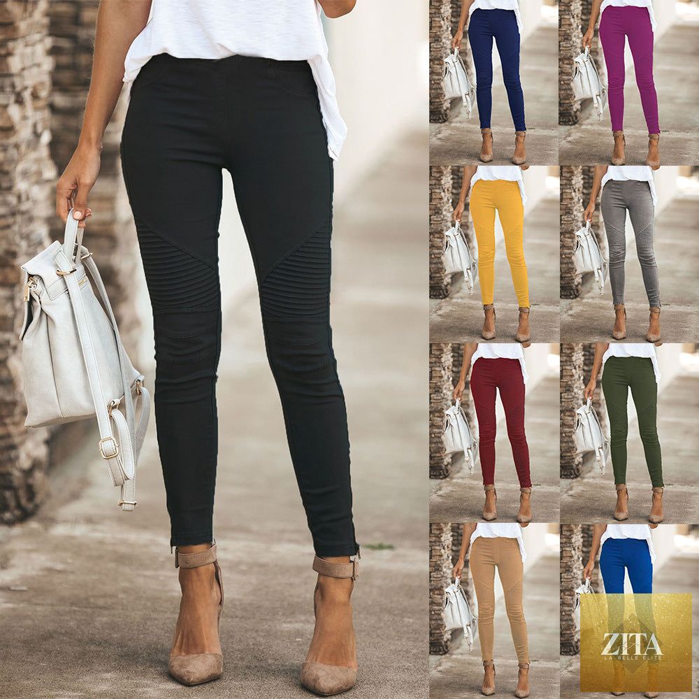 Casual women's slim-fit stretch pants in neutral color, made by My Store, shown on a model with a relaxed pose.
