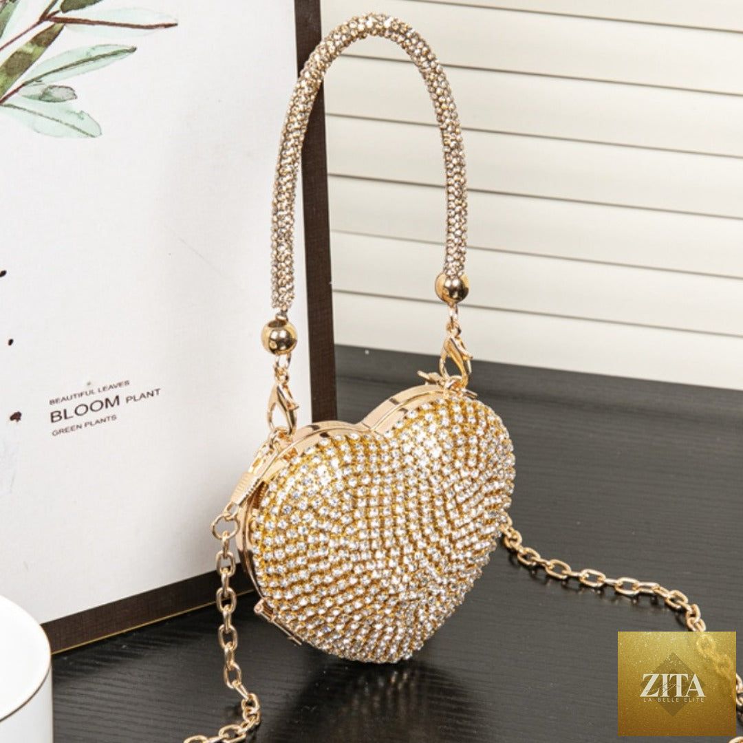 Shomicoboutique rhinestone dinner bag with mini heart design, shiny small clutch for prom, wedding, or evening parties.