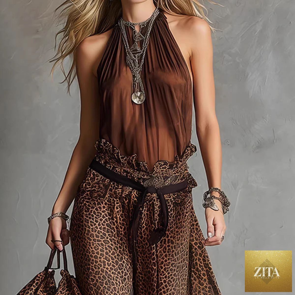 Leopard print sheer wide-leg pants and sleeveless tank top set by Zita La Belle Elite, casualwear fashion, on a model.